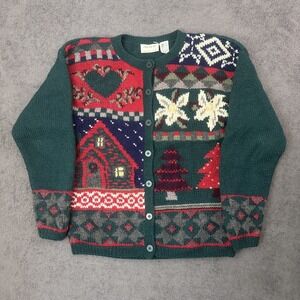 Vintage Preview Basics Women Christmas Cardigan Medium Wool Knit Holiday Classic